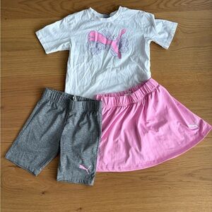 Puma Girls White Tee, Pink Skirt & Gray Bike Shorts Set
